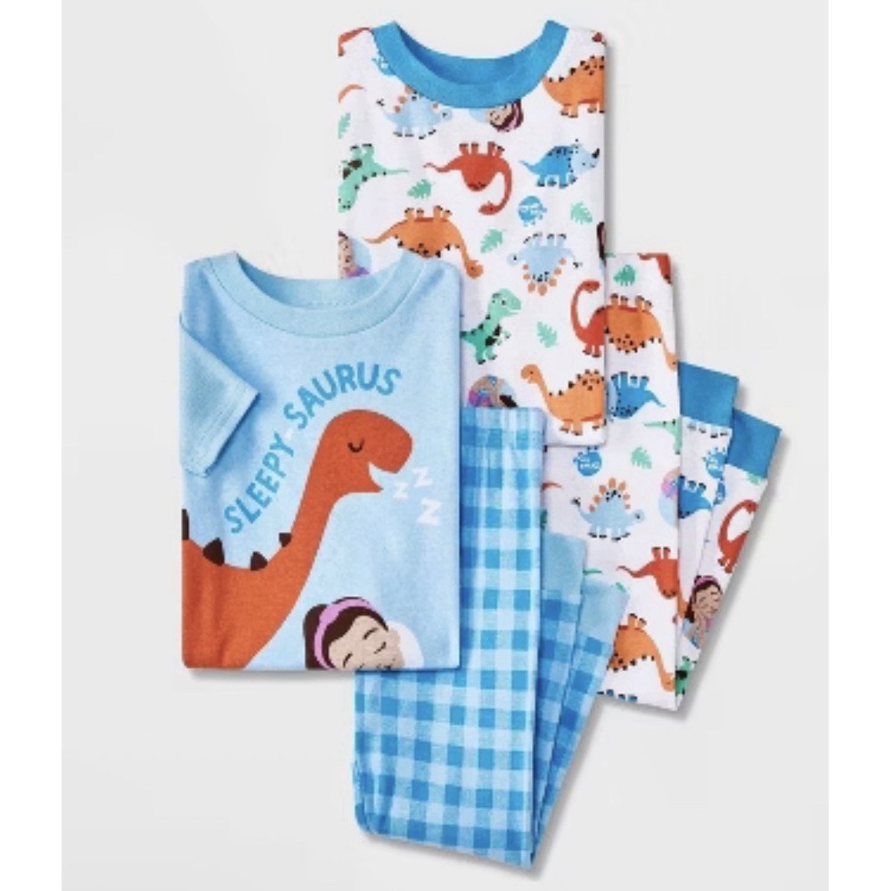 Miss Rachel Boys 18 M Dinosaur Pajamas 4 Piece‎ Set Cotton Sleepwear Blue